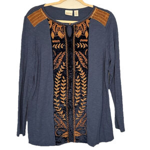 Chico’s Zenergy Pieced Blue Velvet Tunic Top Size‎ LP Embroidered Boho Bohemian